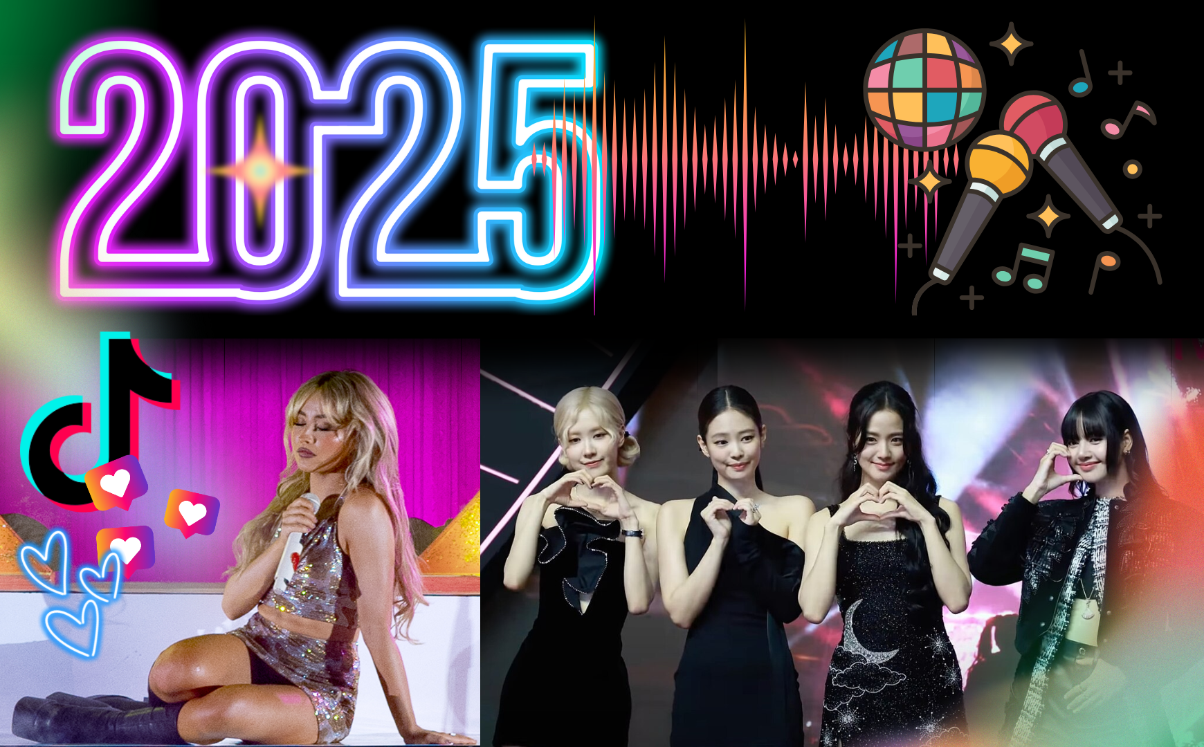 Some of the emerging stars of 2024-25 include Sabrina Carpenter and BLACKPINK members.

courtesy of Justin Higuchi and TV10 (티비텐) Wikimedia Commons